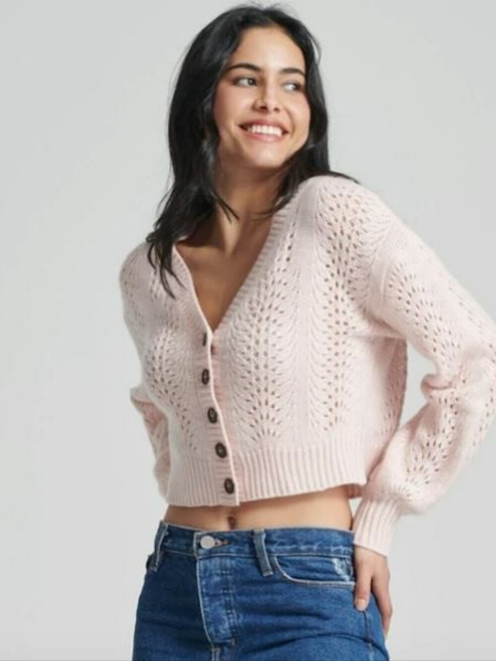NAADAM 100% Cashmere Lace Pointelle Cropped Cardigan Pink V-Neck, Small